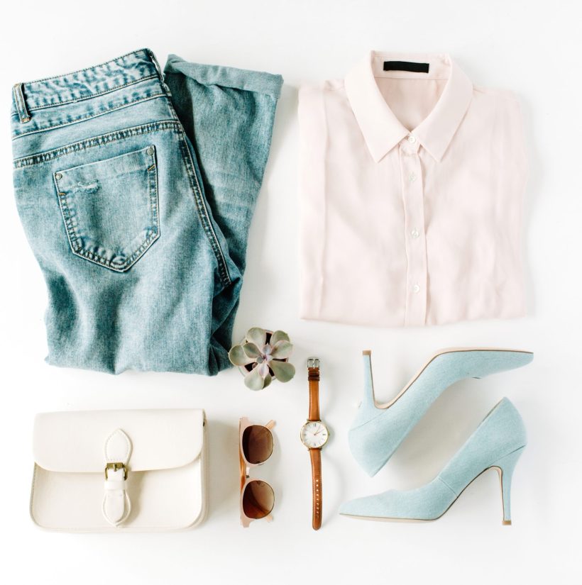 woman trendy fashion clothes collage on white, flat lay, top view